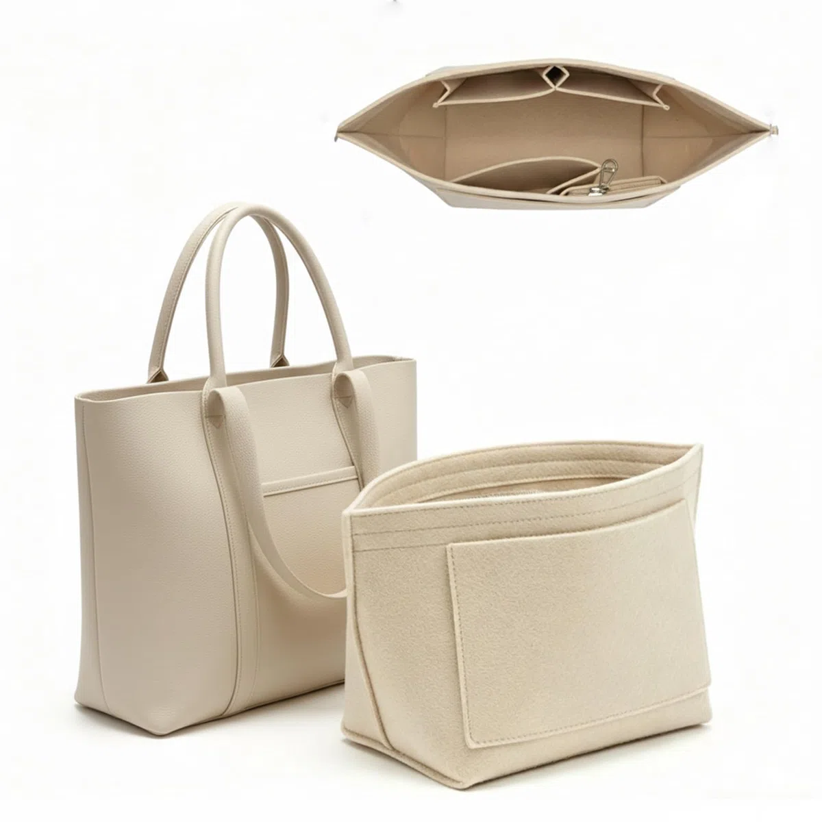 Organizador de Bolso de Fieltro con Múltiples Bolsillos – Inserto para Bolso con Bolsillo con Cremallera, Organizador Ligero para Tote Bag, Beige, M