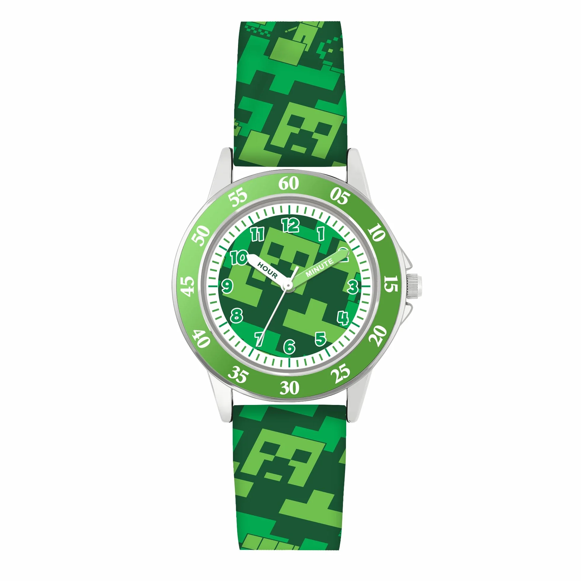 Minecraft Creeper MIN9033 - Reloj de Cuarzo con Correa Impresa, Color Verde y Verde Moderno