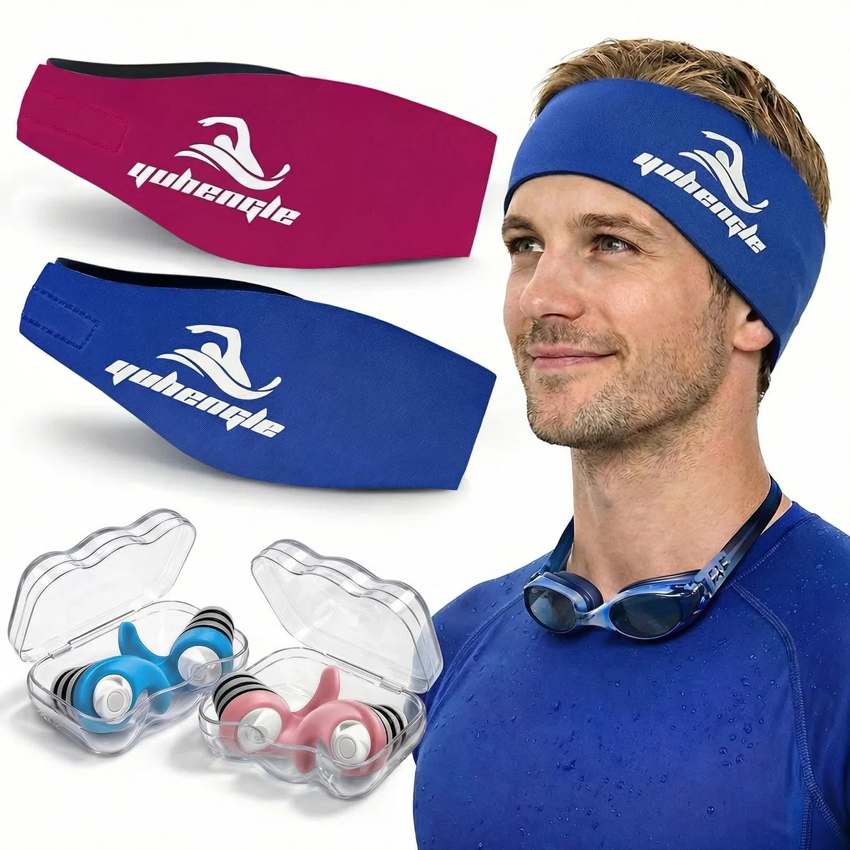Diadema de Natación,2 Pares de Tapones oidos Natación Impermeable con Banda de Neopreno Elástica, Ajustable y Antideslizante,Ideal para Niños y Adultos para Nadar,Surfear, Bucear y Deportes Acuáticos