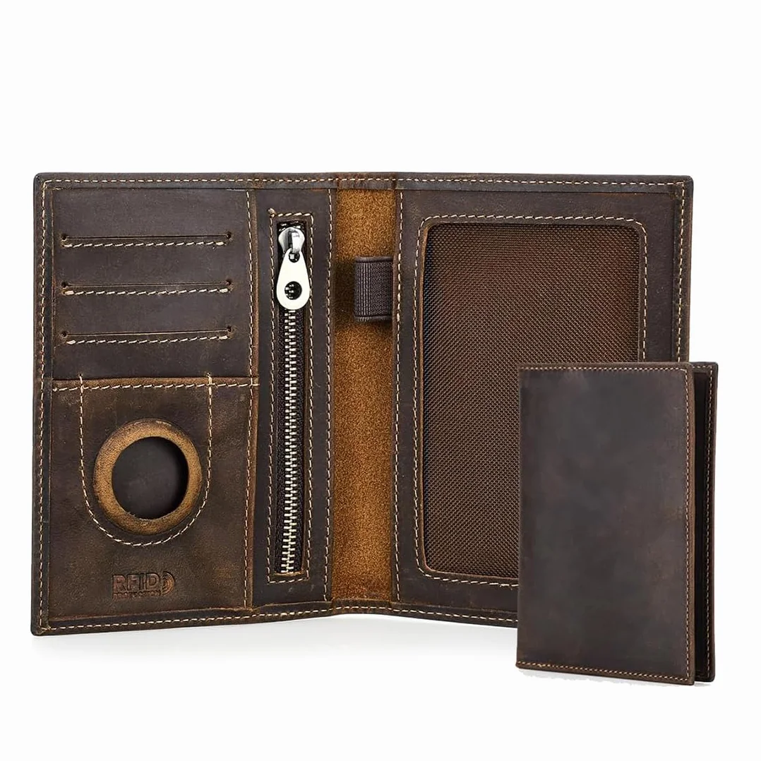 Contacts Cartera para pasaporte para hombre, de piel auténtica, con bloqueo RFID, con ranura para AirTag, organizador de tarjetas, embrague delgado para viajes familiares, Marrón oscuro-s, Carry 1-4