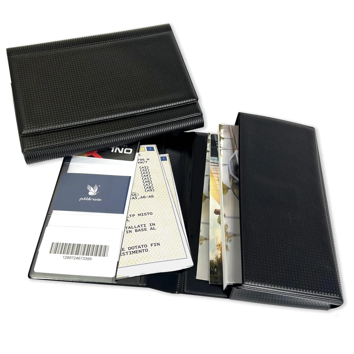 Pubblimania Portadocumentos Auto Luxe Carbono en piel sintética, cierre de dos puertas. Ideal para folletos, tarjetas, seguros, sellos o documentos de viaje de lujo (Tipo carbono)