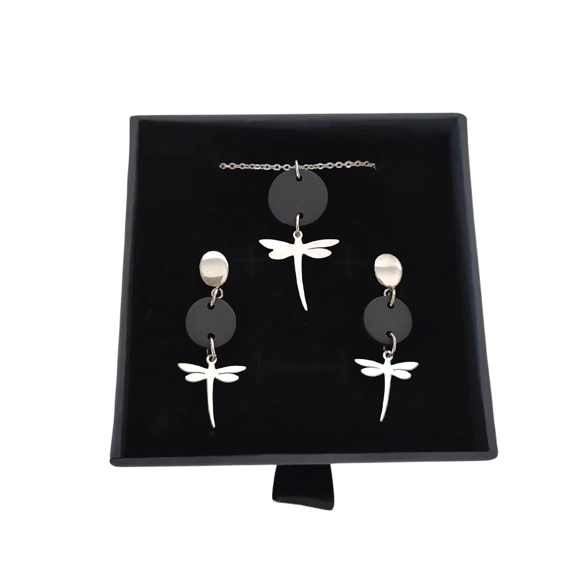 Libélula Conjunto de joyas para mujer Pendientes y Collar Acero Negro-Plata