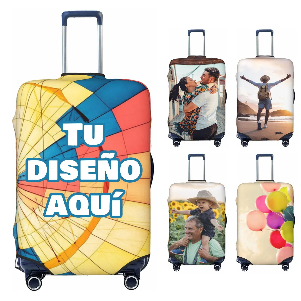 Funda Maleta Personalizada con Foto y Texto, Protector de Equipaje Elástico Lavable, Cubierta para Maletas de Viaje, Doble Cara con Diseños Diferentes, Regalo Vacaciones, L