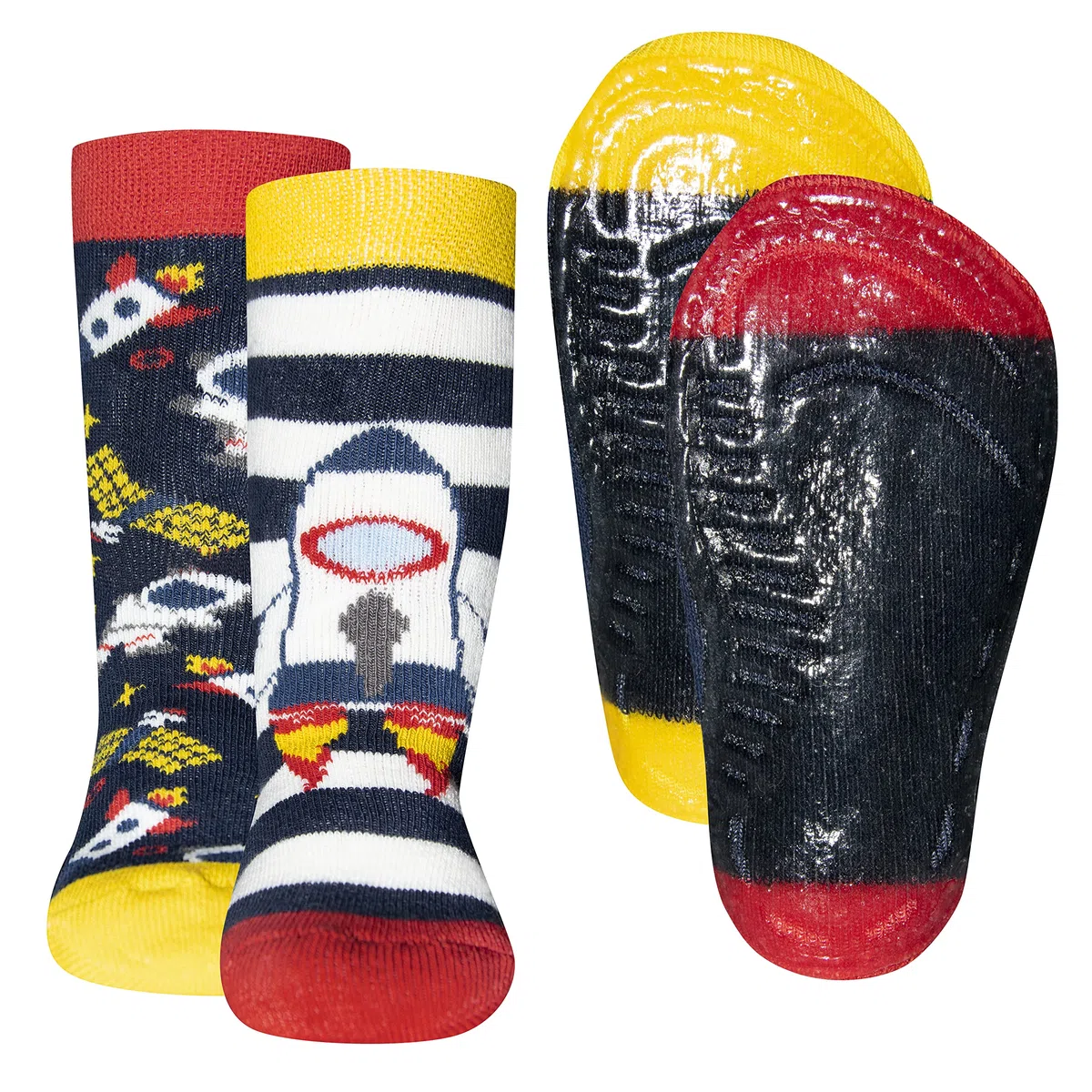 EWERS Pack de 2 calcetines antideslizantes para niños, diseño de astronauta, con suela antideslizante, 2 pares de calcetines antideslizantes para niños