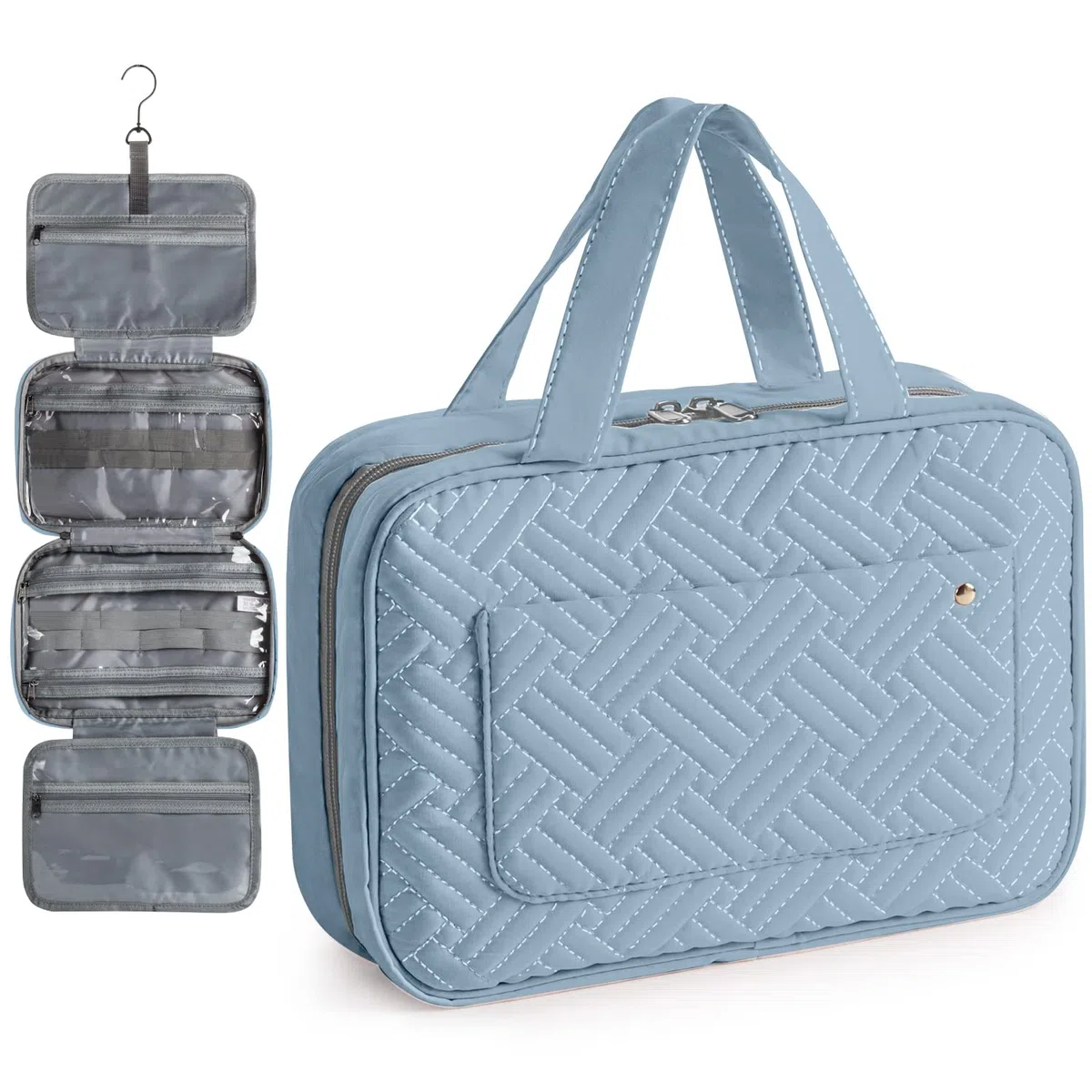 Neceser de Viaje Bolsa de Maquillaje Colgante Bolsa de Cosméticos Plegable Organizador de Cosméticos de Terciopelo Bolsa de Enjuague Multifuncional Bolsa de Afeitar para Baño(Azul Claro)