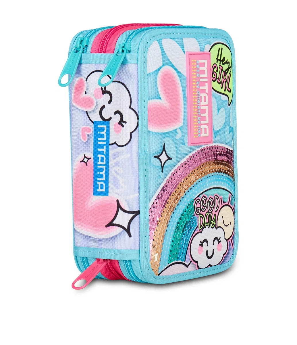 Mitama Estuche Escolar con 3 Compartimentos, Super Triple Rainbow Love, Contenido 47 Piezas, Completo de lápices, rotuladores, portalápices Escuela Primaria niña, Azul Celeste, Moderno