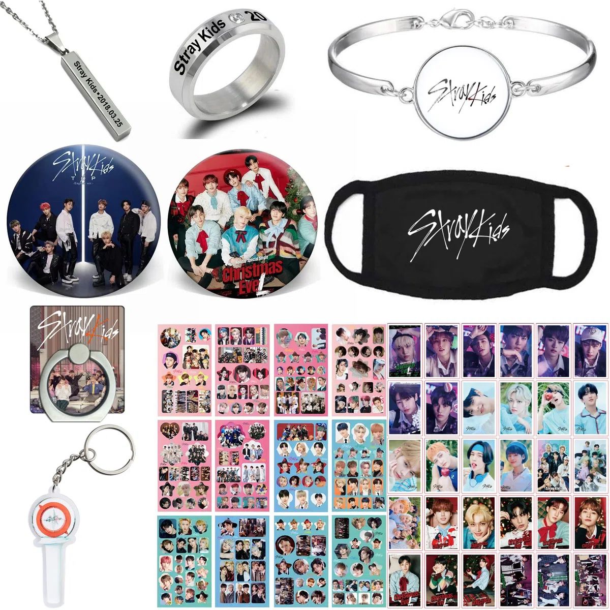 Kpop Stray kids de regalos para niños para regalos, tarjetas fotográficas de niños callejeros, calcomanías, pulsera, protector facial, anillos, collar colgante, pin de botón, soporte para anillo