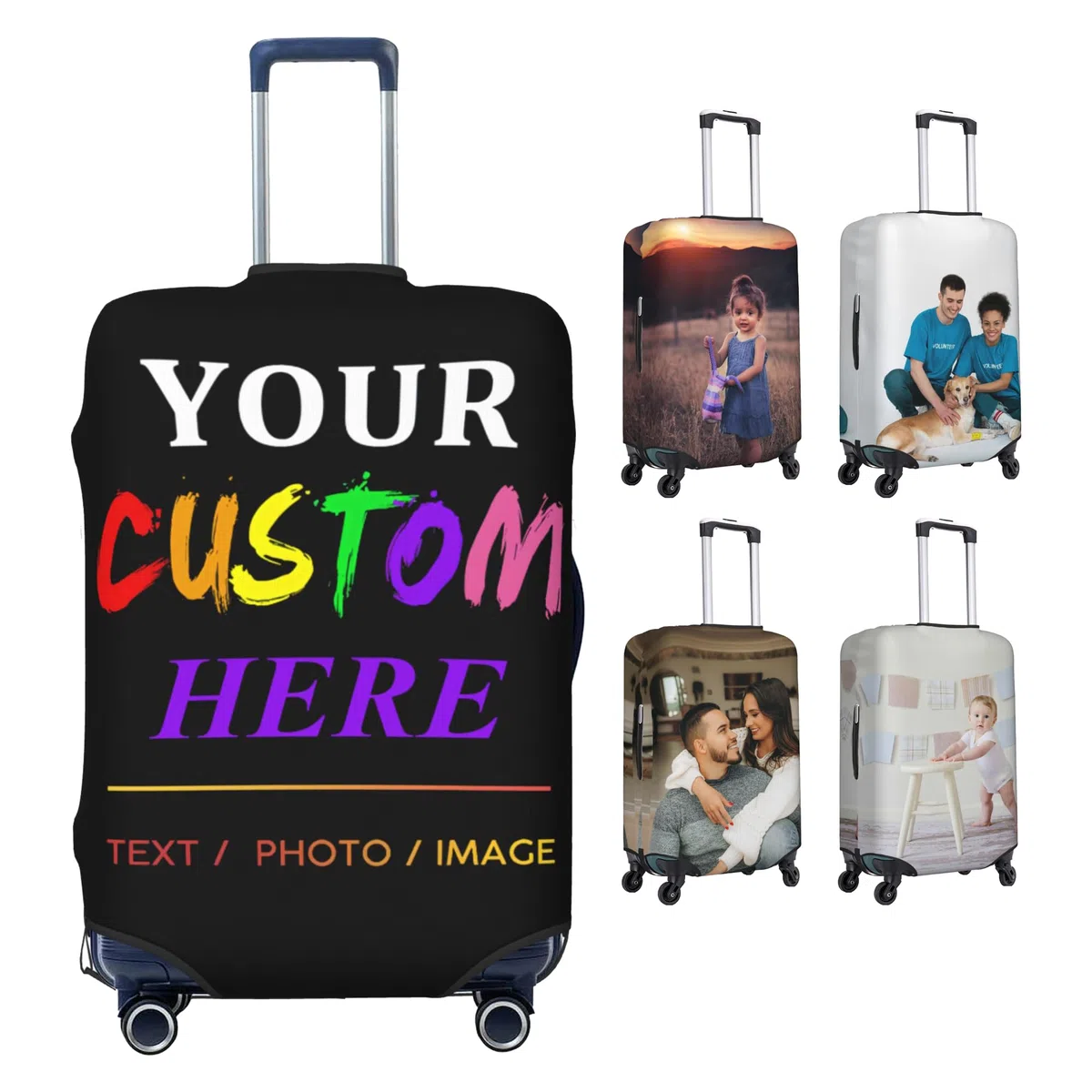 Funda personalizada para maletas de 18-32 pulgadas,Funda personalizada para maletas Añada su propio nombre Foto Texto Doble cara Diseño diferente Maleta de viaje Protector Elástico Lavable Fundas