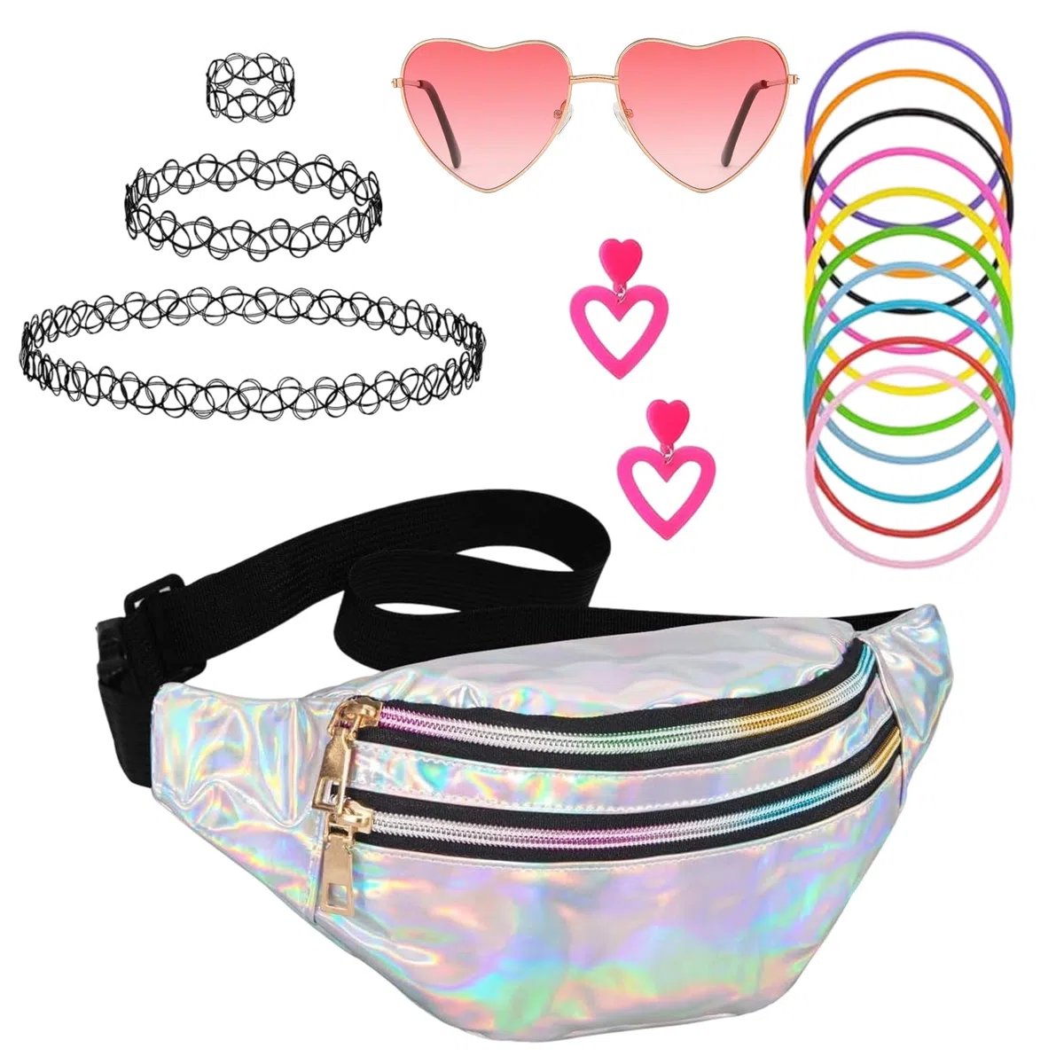 17 accesorios de los años 90, traje de los años 90 para mujer, traje de fiesta para mujer, bolsos plateados, gafas de corazón rosa, collares de tatuaje, pulseras y pendientes, adecuado para