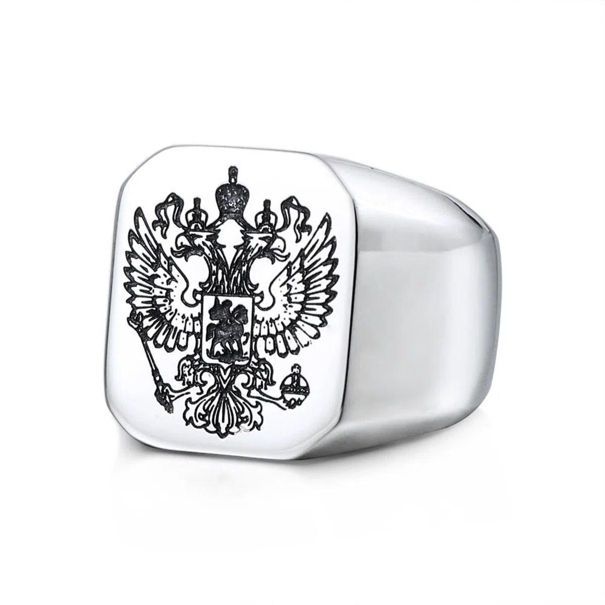 Anillo Escudo de la Federación Rusa - Águila Doble en Titanio Acero | Joyería de Colección