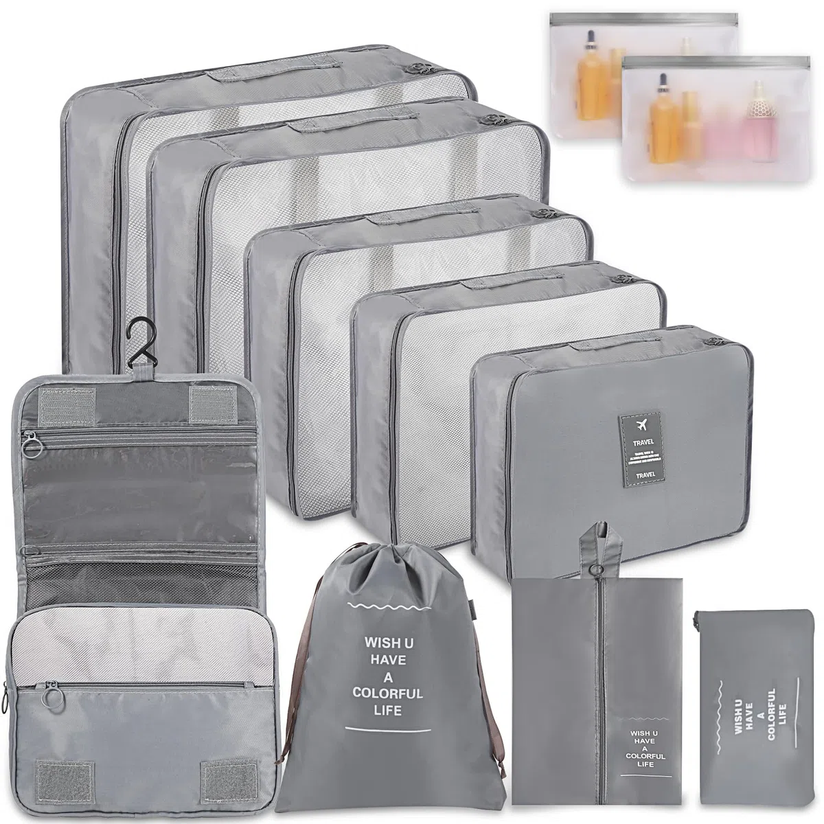Bolsas Organizadoras Maleta, 11 Piezas Organizador de Equipaje Multifunción, Packing Cubes Bolsas Ropa Viaje, Organizadoras Viaje, Impermeable, juego con bolsa de cosméticos (Gris)