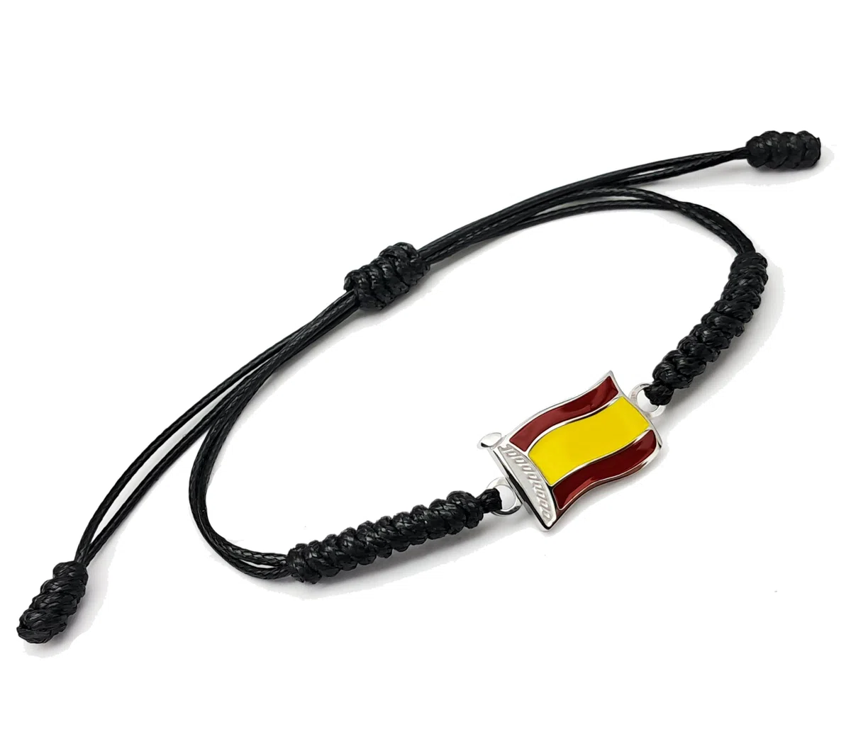 Pulsera España- Pulsera España hombre- Pulseras banderas de España- Pulseras Bandera de España - pulsera de acero y de hilo encerado rojo y negro ajustable (NEGRA)