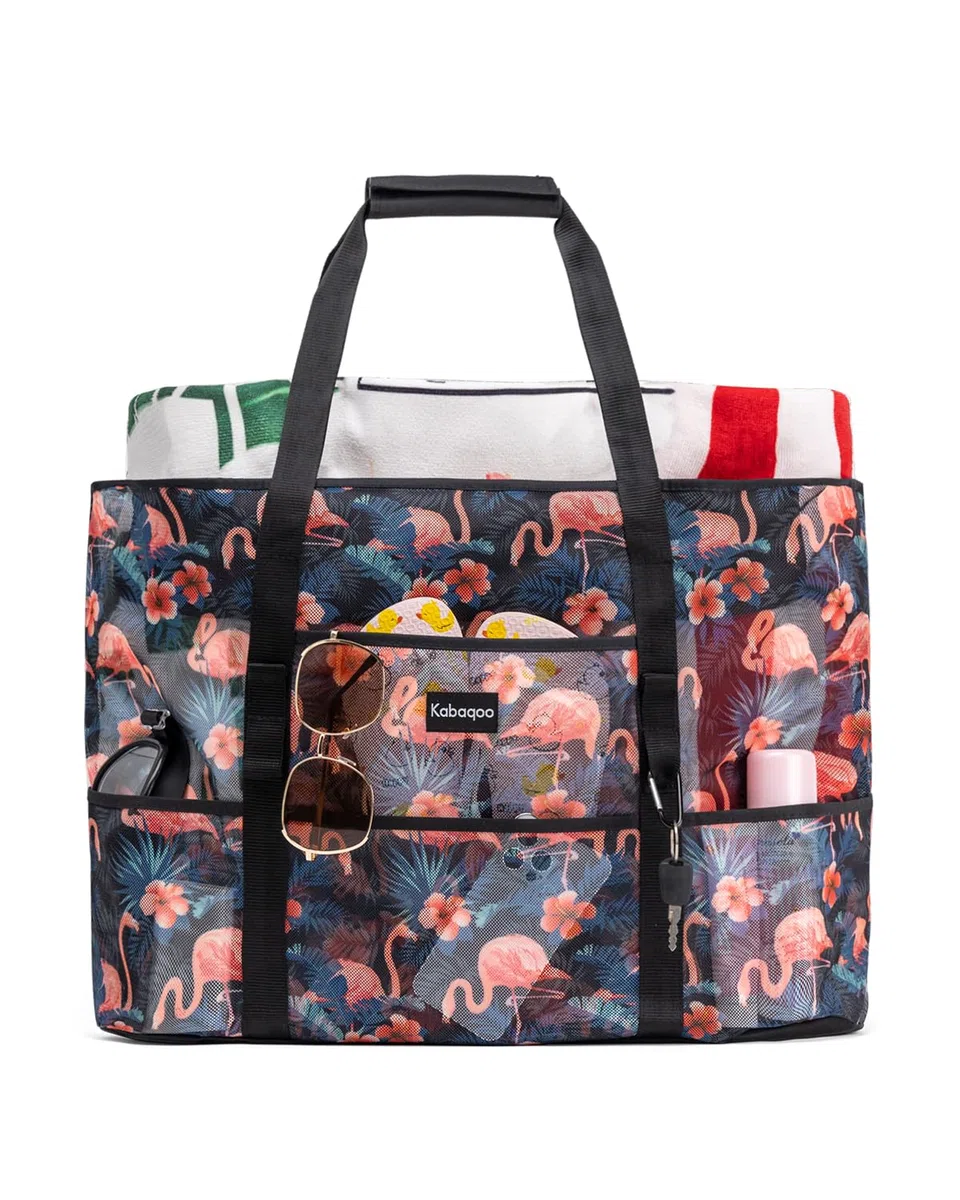 KABAQOO Bolsa de Playa XXL Familiar con Cremallera, Bolso de Mano Shopper Grande Mujer con Bolsillos, Bolsa Piscina Plegable y Ligero para Viajes y Natación, Flamenco Grande
