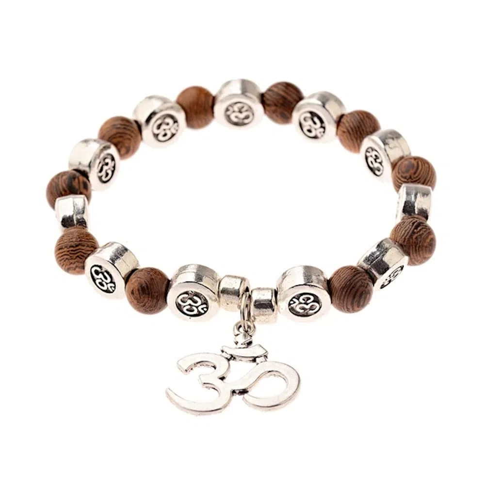 Pulsera de Cuentas en Madera Natural | Meditacion | Oracion | Yoga | Colgante Om | Hombre Mujer |
