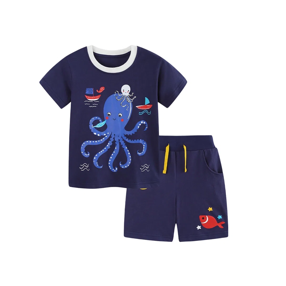 Generisch Conjunto de verano para niños con alegre estampado de mar, dos piezas de camiseta y pantalones cortos, cómodo atuendo con diseño de pulpo para el día a día