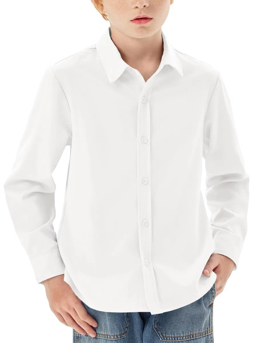 Haloumoning Camisa de manga larga para niño, con botones, corte regular, informal, informal, fiesta, camisas, monocolor, fácil de planchar, uniforme escolar formal