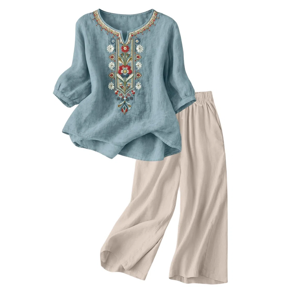 Conjunto Mujer Verano 2 Piezas Original Moda Algodon y Lino Traje de Primavera Ligero Chándal Blusa Manga 3/4 Pantalones Ropa de Playa Vacaciones Deportivo Casa Trabajo M-3XL