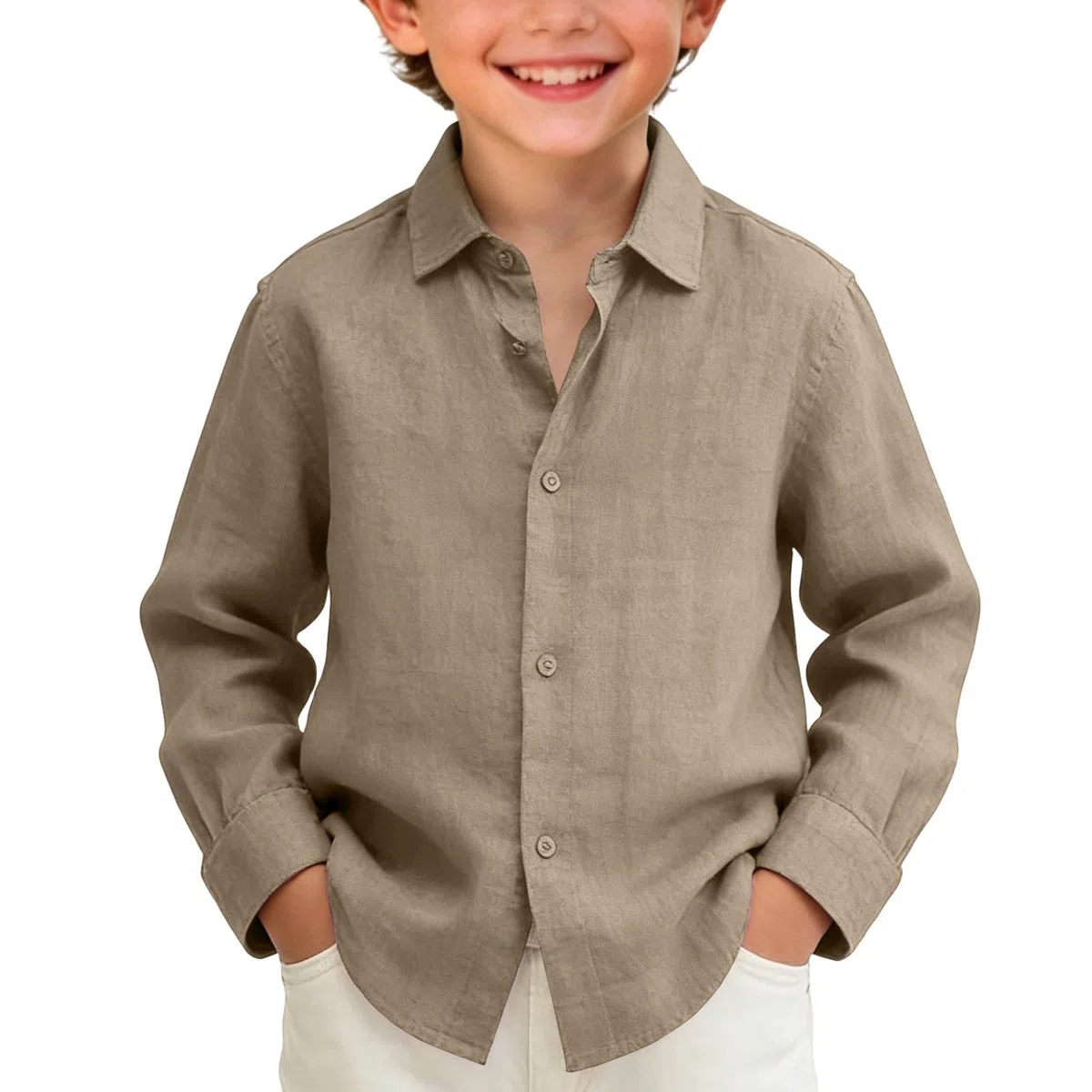 Camisas de algodón y lino con botones para niños, camisa escolar de manga larga, ligera, transpirable, cómoda, suave, lisa