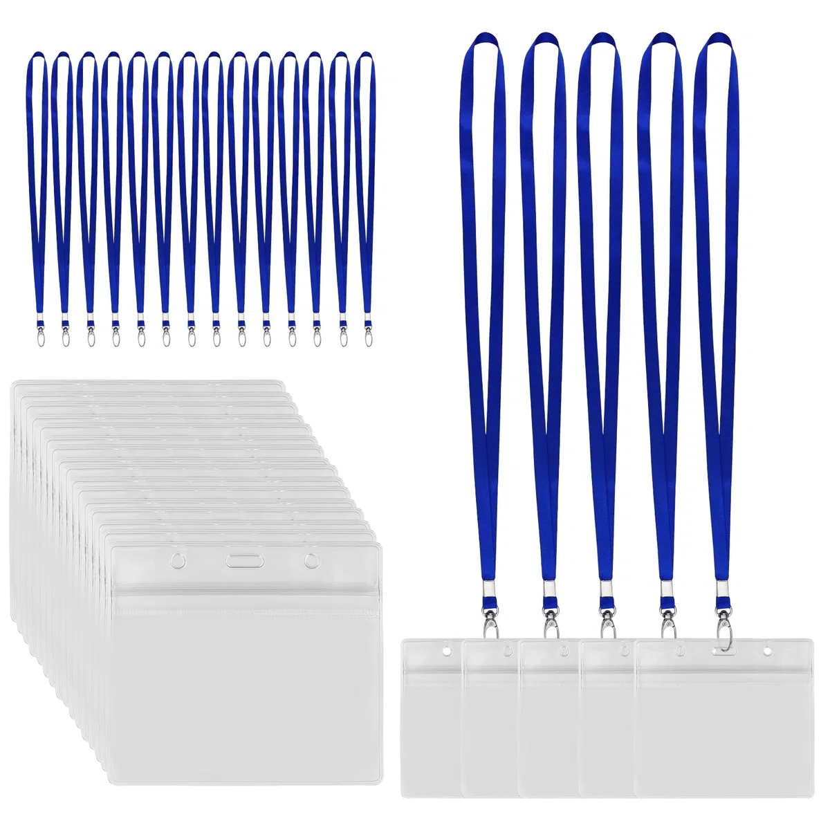 Lote de 60 portatarjetas transparentes con gancho giratorio, cordón de cordón, resistente al agua, para uso corporativo, exposición, grupo, azul (Horizontal)