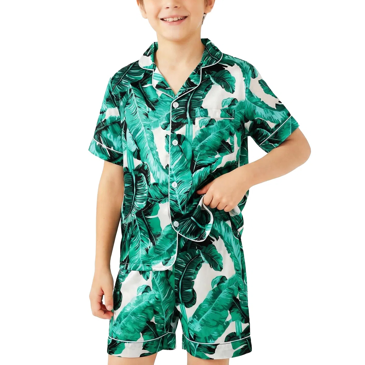 Pijama Satén Niñas Niños, Camiseta Manga Corta y Pantalones Cintura Elástica 2 Piezas Ropa de Dormir, Suaves Ligero Pijamas, Ropa de Casa con Botones para Infantil Edad 8-13