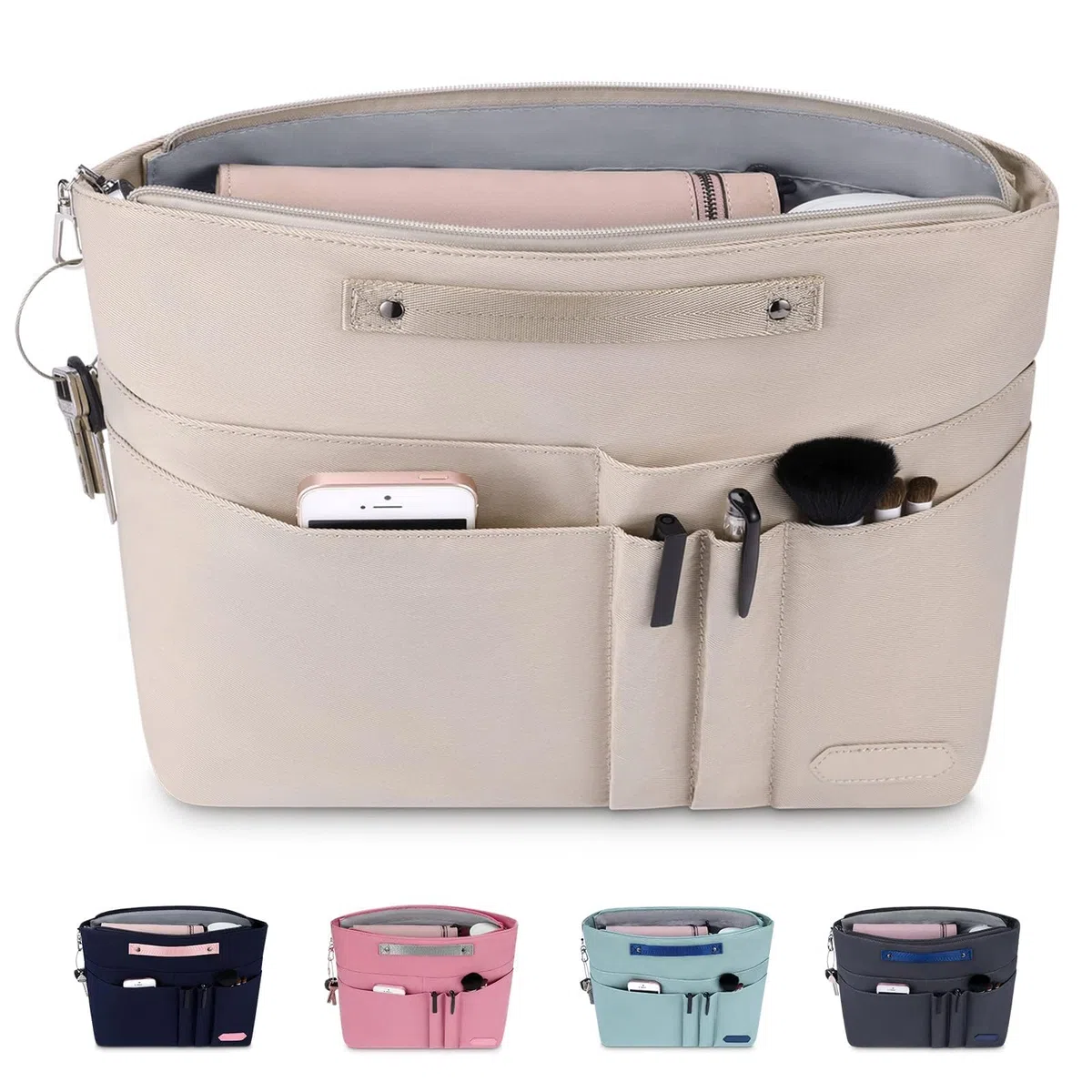 HyFanStr Organizador de Bolsos, Poliéster Organizador Bolso Shopper Bolsa Organizadora con Llavero, Bolso Interior con Cremallera Bolsillo Interno para Almacenar Cosméticos Documentos Beige M