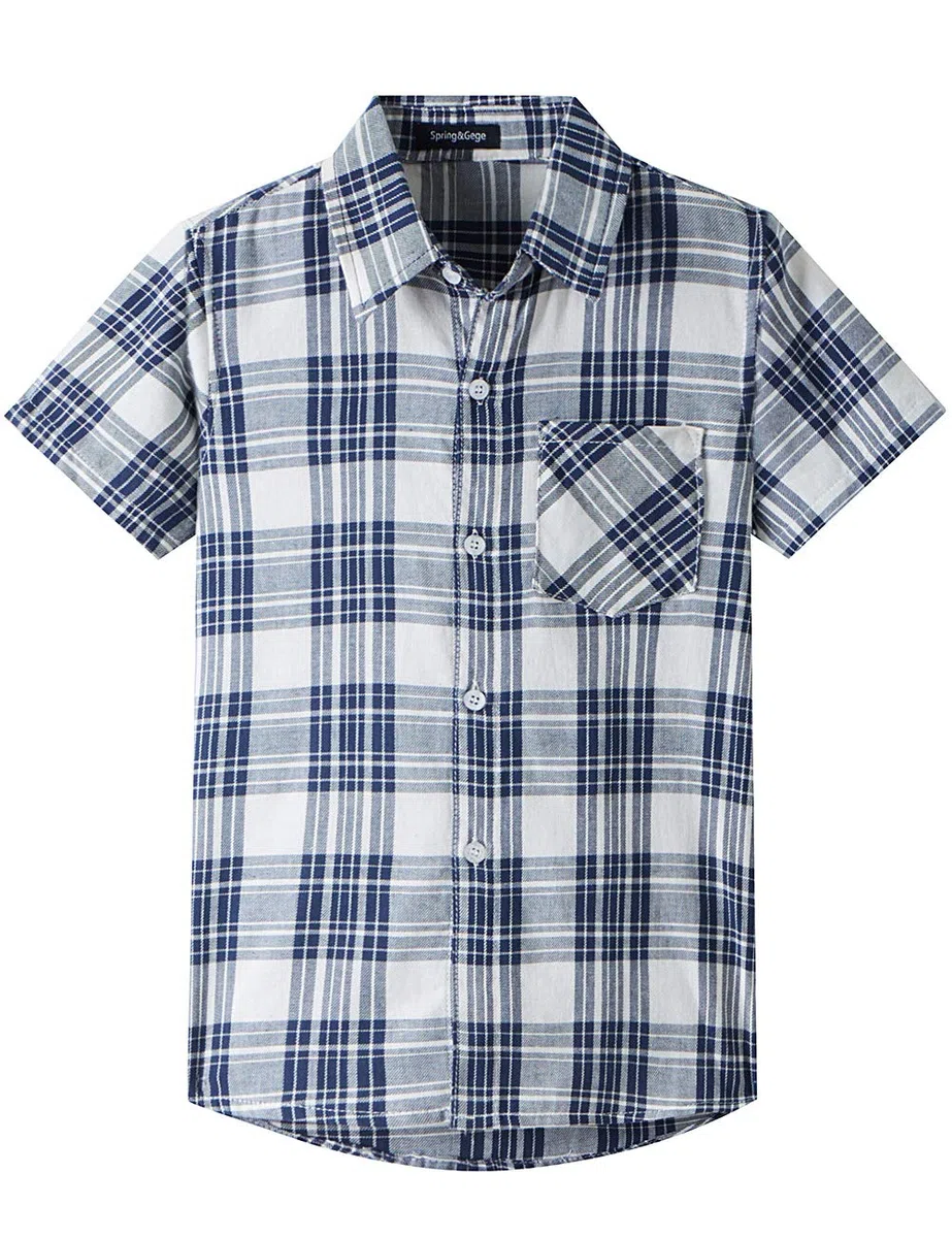 Spring&Gege Camisas de Algodón a Cuadros de Manga Corta con Botones a Cuadros para Niño