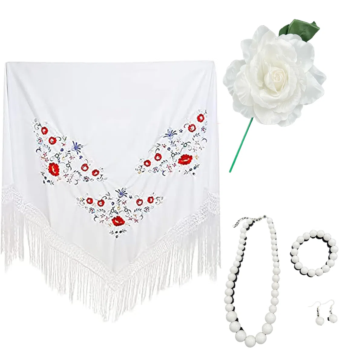 Carnavalife Pack accesorios flamenca mujer para feria de abril, mantón, Flor Rosa artificial con palo, bisutería perlas de plástico, traje flamenco, sevillanas
