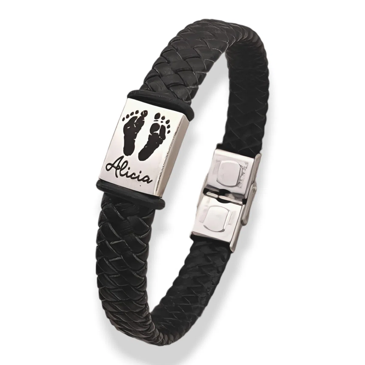 Pulsera de cuero personalizada con el nombre que quieras, acero inoxidable, ajustable para todas las tallas. Modelo PIECECITOS. Regalos día del padre.