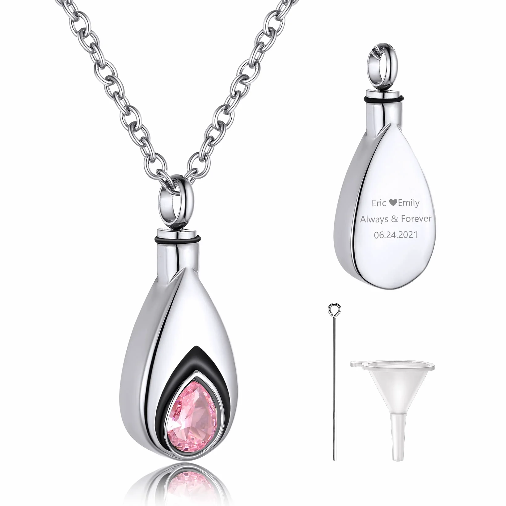 GoldChic Colgantes para Meter Cenizas Seguro Forma Gota de Agua con Cadena 50cm Largo, Colgantes Cenizas Tono Plata Nombre Personalizable, con Caja de Regalo