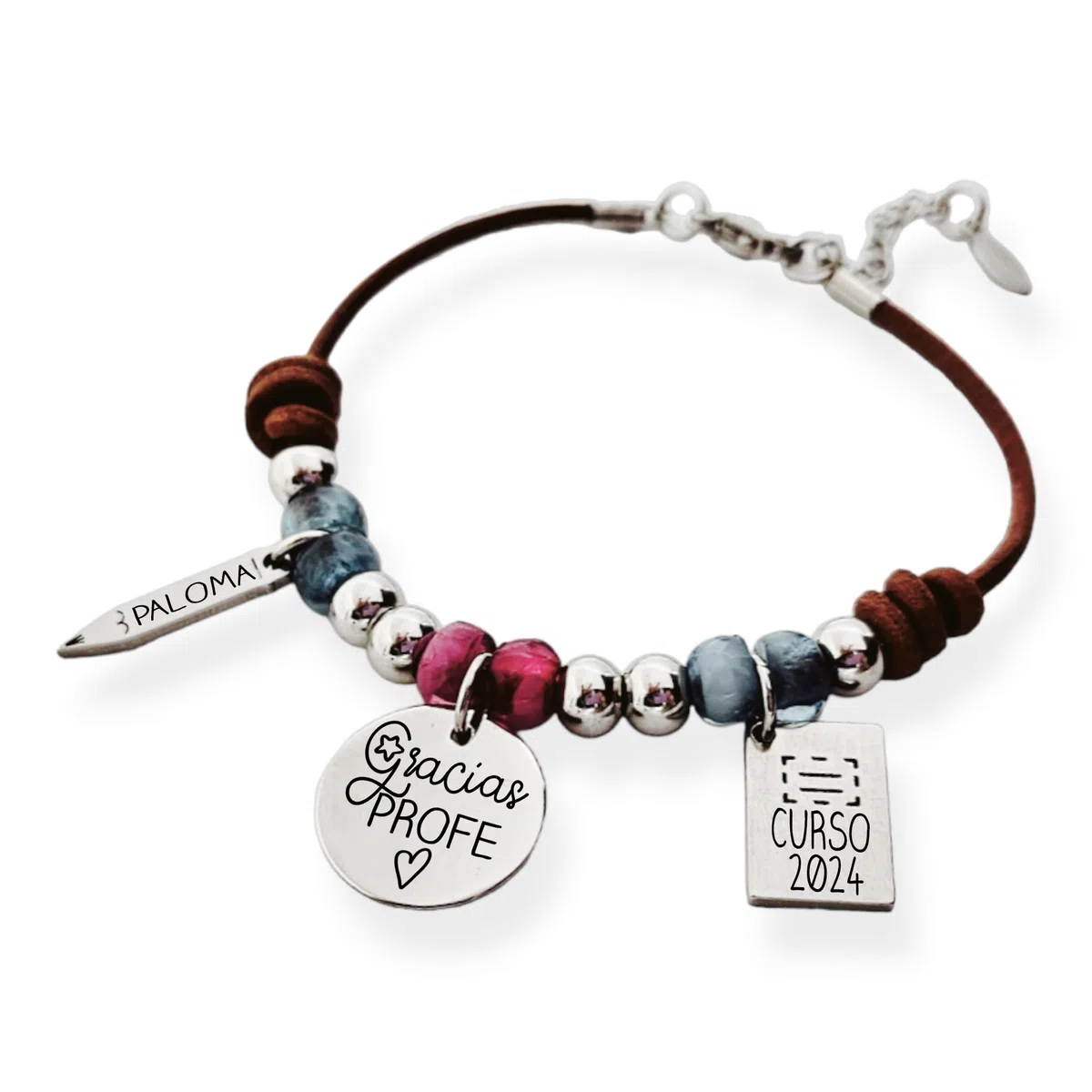 Pulsera para profesora personalizada, ajustable, cuero nacional, acabados en acero inoxidable. Regalos para profesores. (Resinas Multicolor, Con frase (Gracias profe).