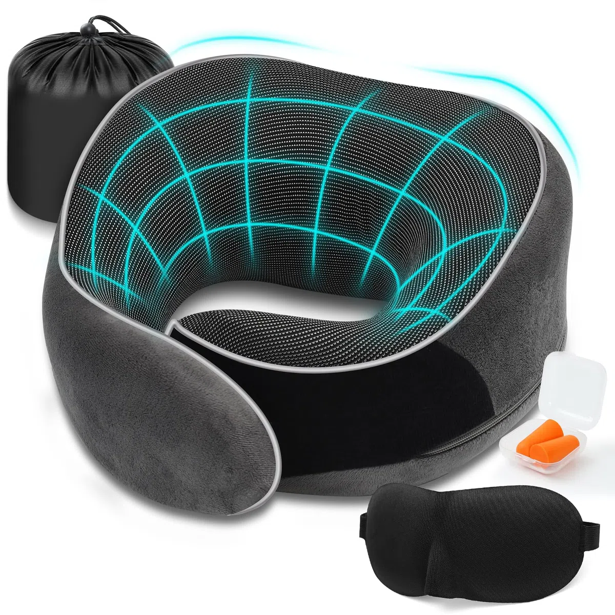 Almohada de Viaje Cuello - Cojín de Viaje Viscoelástica de Espuma Memoria para Avión, Coche y Tren - Soporte Ajustable 360° y Laterales Altos - con Máscara de Ojos, Tapones y Bolsa