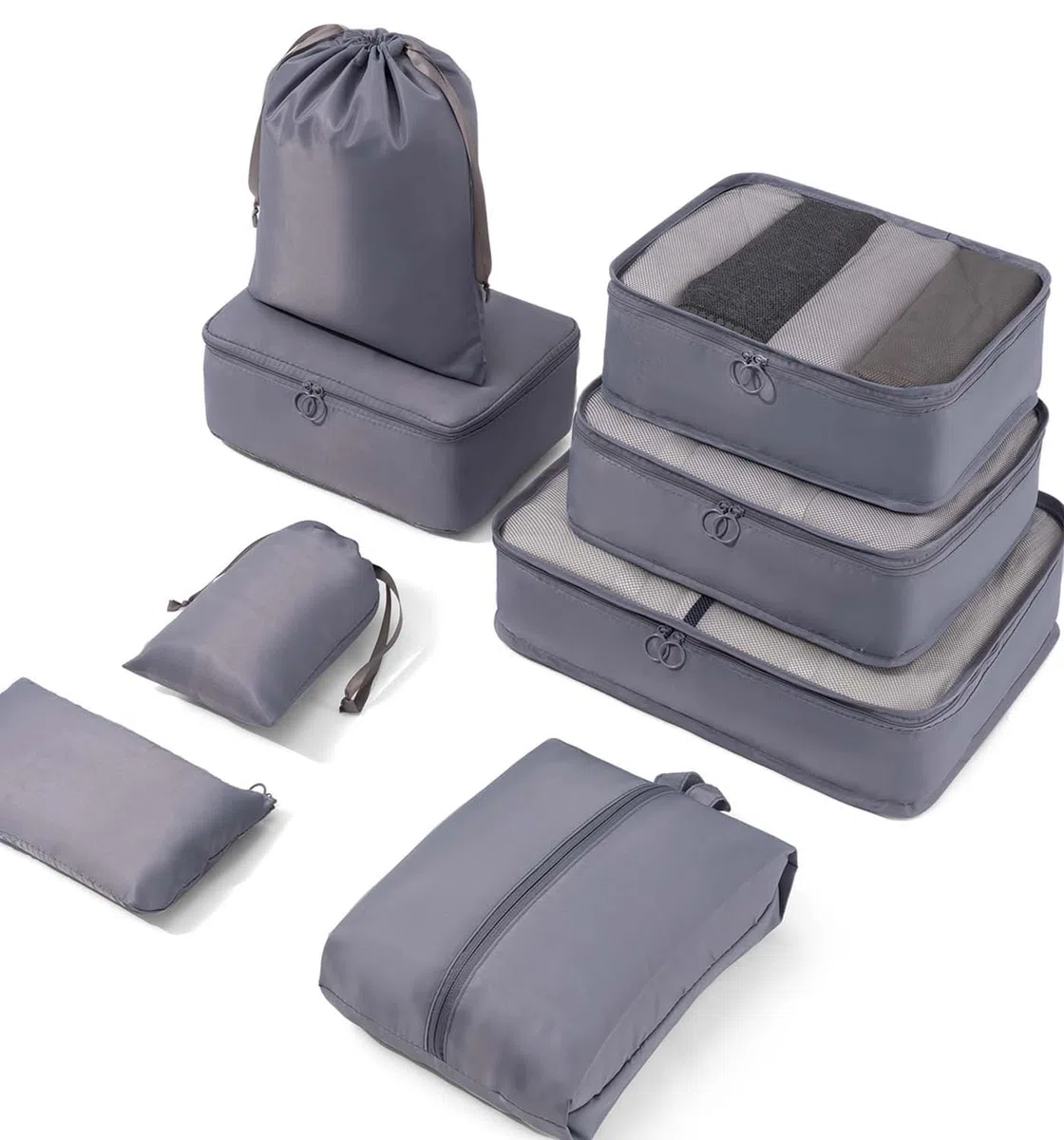 Meowoo Organizador de Equipaje 8 en 1 Set Organizador de Maletas Impermeable Viaje Packing Cubes con Bolsa de Zapato, Material Nylon (Gris 8pcs)