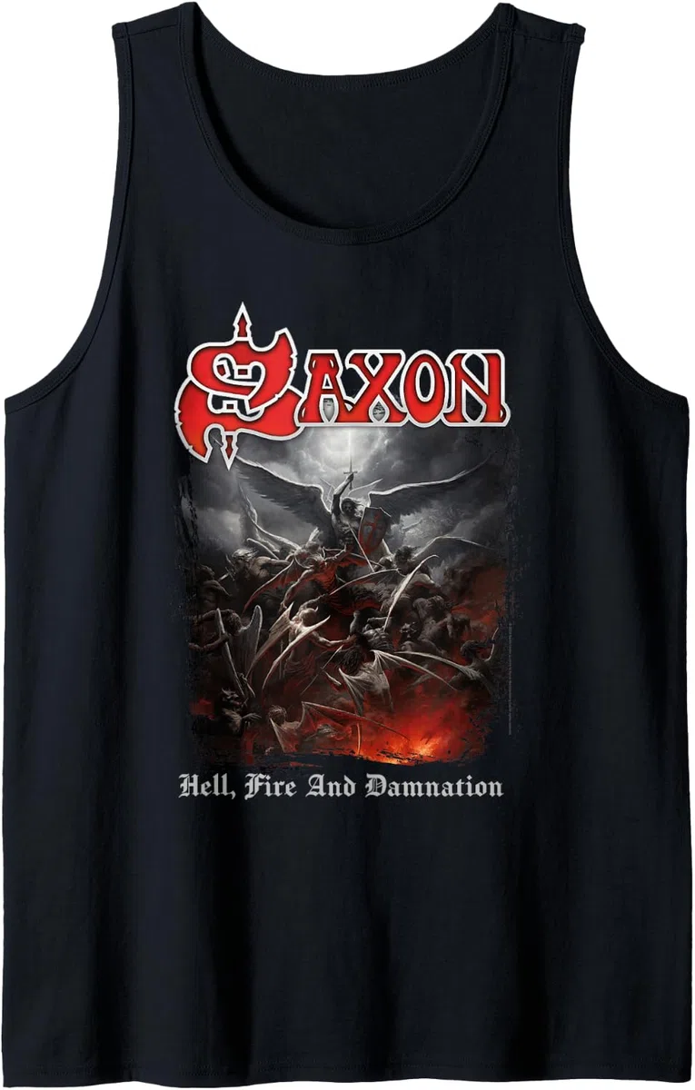 Oficial Saxon Hell Fire Heavy Metal Band Vintage Retro Camiseta sin Mangas