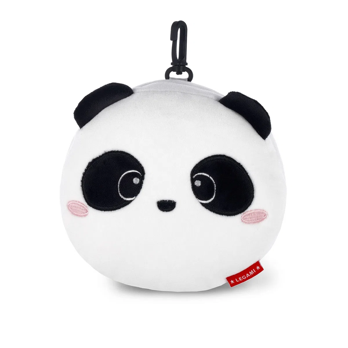 Legami - Almohada de viaje con antifaz nocturno, Panda, cierre de cremallera, ahorra espacio, gancho para transportarla cómodamente, bolsillo pequeño en la parte posterior, 16 x 16 cm