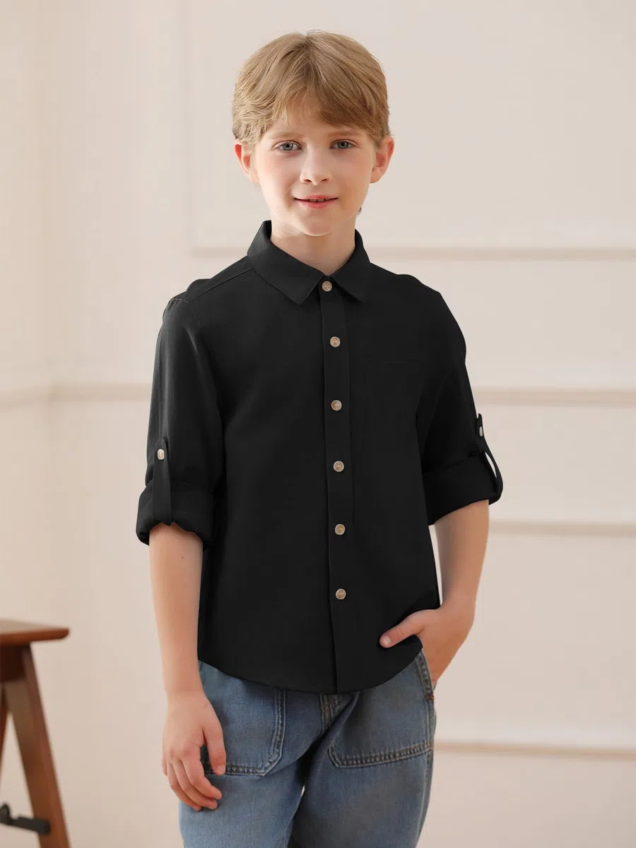 Haloumoning Camisa de algodón de manga larga para niños, monocolor, fácil de planchar, con botones, informal, para fiestas, con bolsillo en el pecho