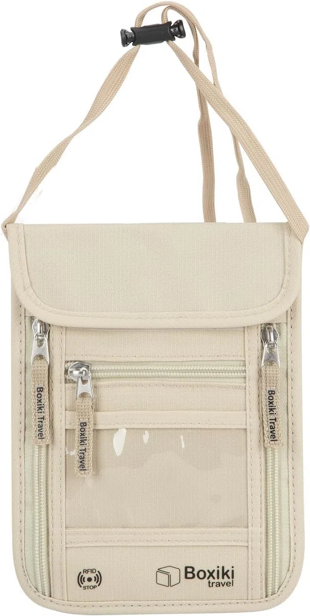 Boxiki Travel Portadocumentos de Viaje para Cuello con Bloqueo RFID Beige - Bolsa Antirrobo Viaje en Nylon Ripstop Resistente al Agua con 5 Compartimentos y Correa Ajustable para Pasaporte y Dinero