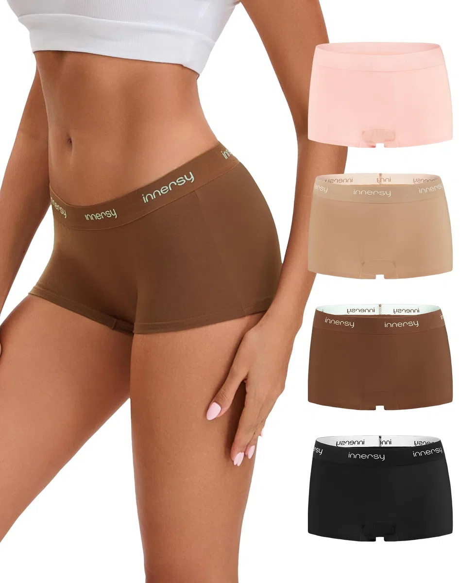 INNERSY Bragas Culotte Mujer Algodon Elástico Boxer Deporte Cintura Media con Entrepierna Pack de 4