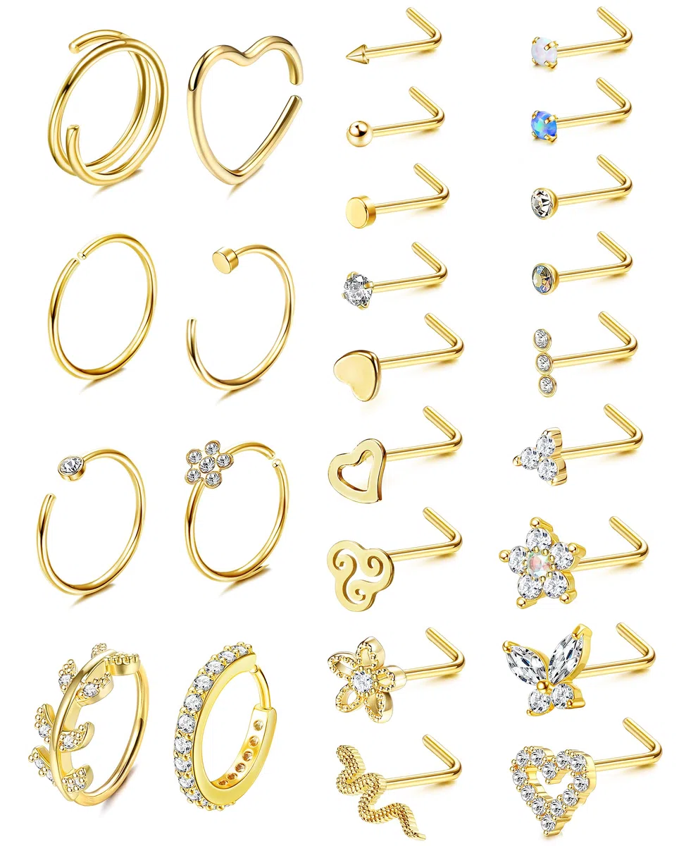 Adramata 26Pcs 20G Piercing Nariz Acero Quirurgico Nariz Piercing Brillante Piercings Nostril Anillo Mariposa Serpiente Plata Oro Nariz Piercing Joyería para Mujer Hombre