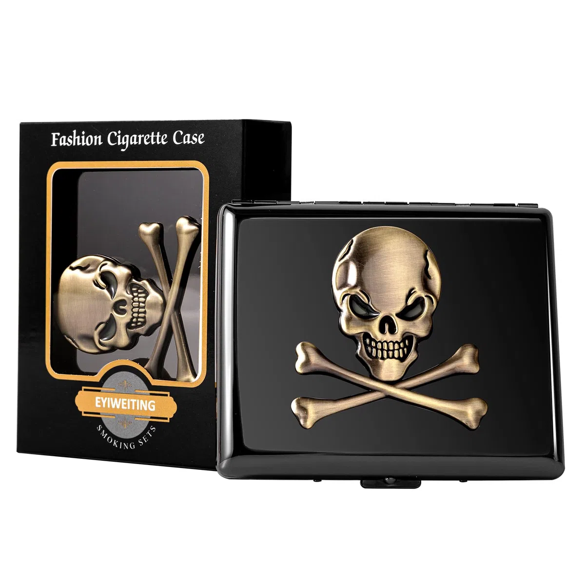 Clásica pitillera portátil de metal vintage para hombres y mujeres, con capacidad para 18-20 cigarrillos de 100 mm (Calavera black, 20pcs 100's)