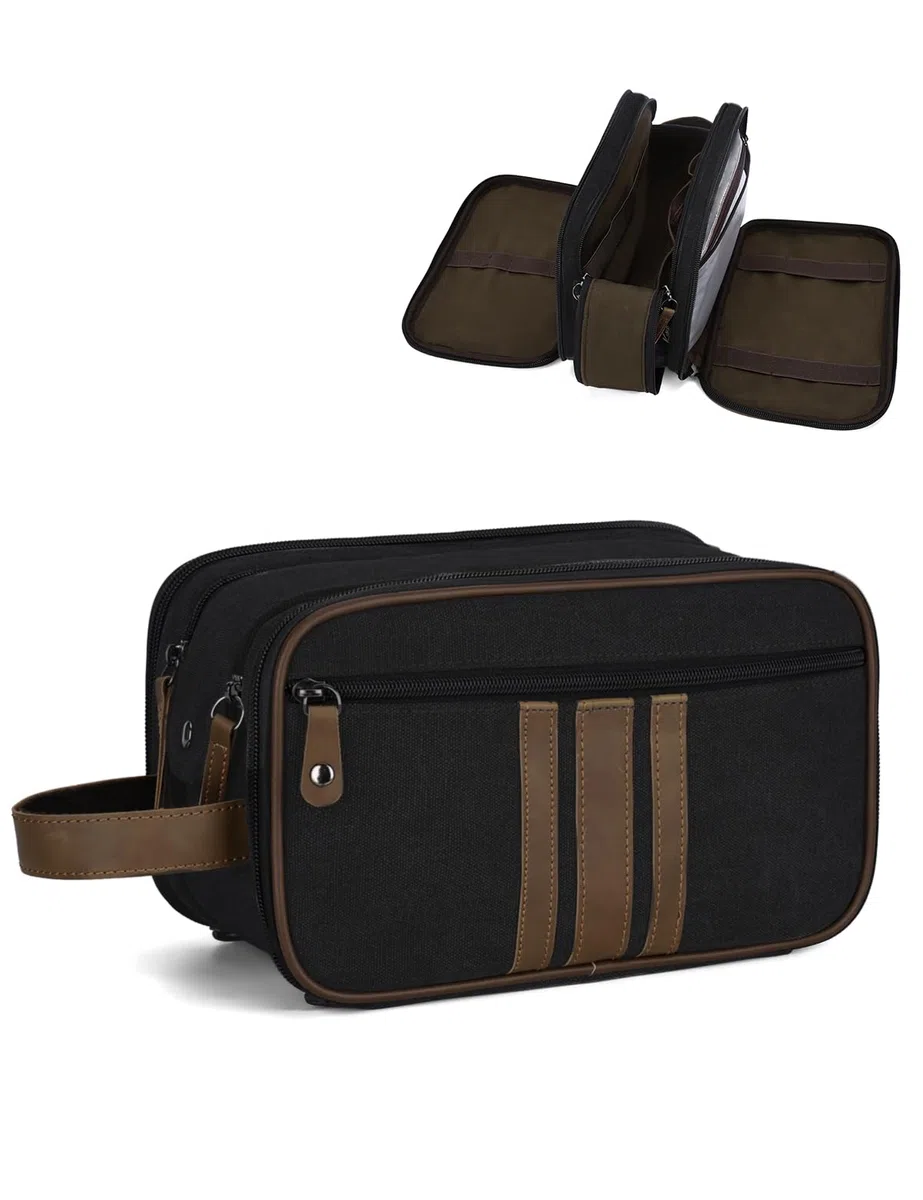 Neceser de Viaje Grande de Lona - Bolso Cosmético Impermeable Con 3 Compartimentos, Bolsa de Aseo Con Soporte Cuero para Baño, Gimnasio, Diario, Negro