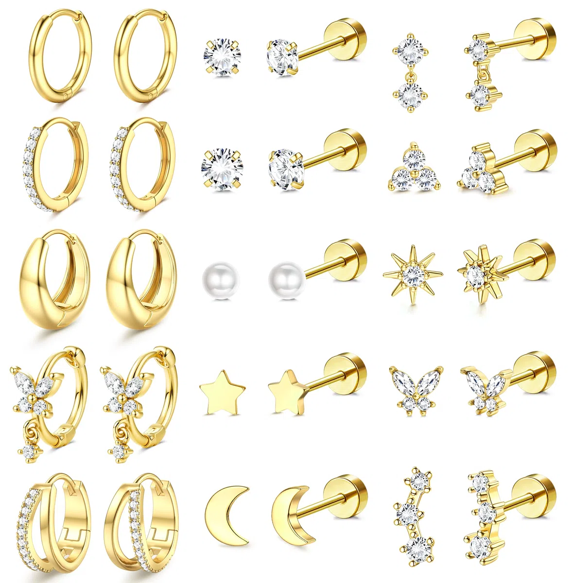Dochais 15 Pares Pendientes Aro Mujer Acero Quirúrgico Pendiente Chapado En Oro 14K Hipoalergénico Botón Con Parte Trasera Plana Conjuntos de Pendientes Para Múltiples Piercings Oro Plata