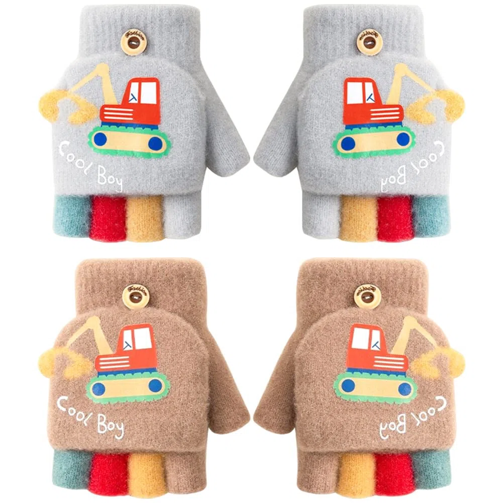 Guantes de Invierno para Niños, 2 Pares Guantes térmicos de Invierno con Estampado de Excavadora Guantes Sin Dedos Manoplas Sin Dedos Guantes de Punto Convertibles para Niños de 3 a 5 años